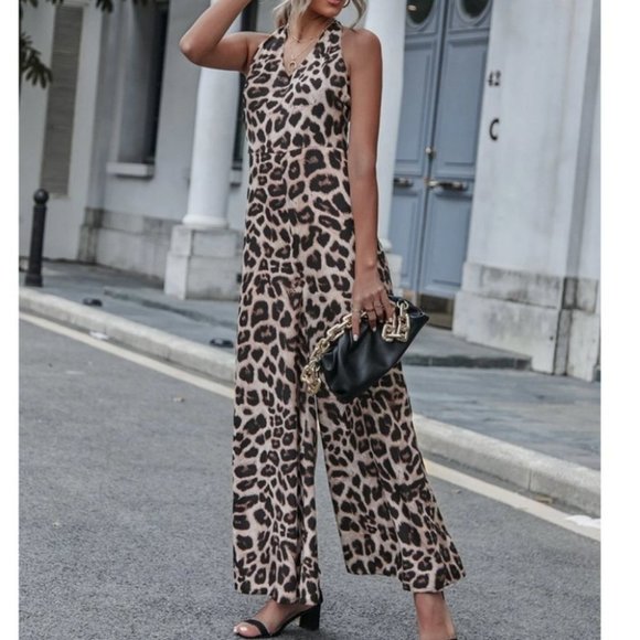 Leopard Aniaml Print Tie Backless Wide Leg Halter Jumpsuit Contemporary - Picture 3 of 6